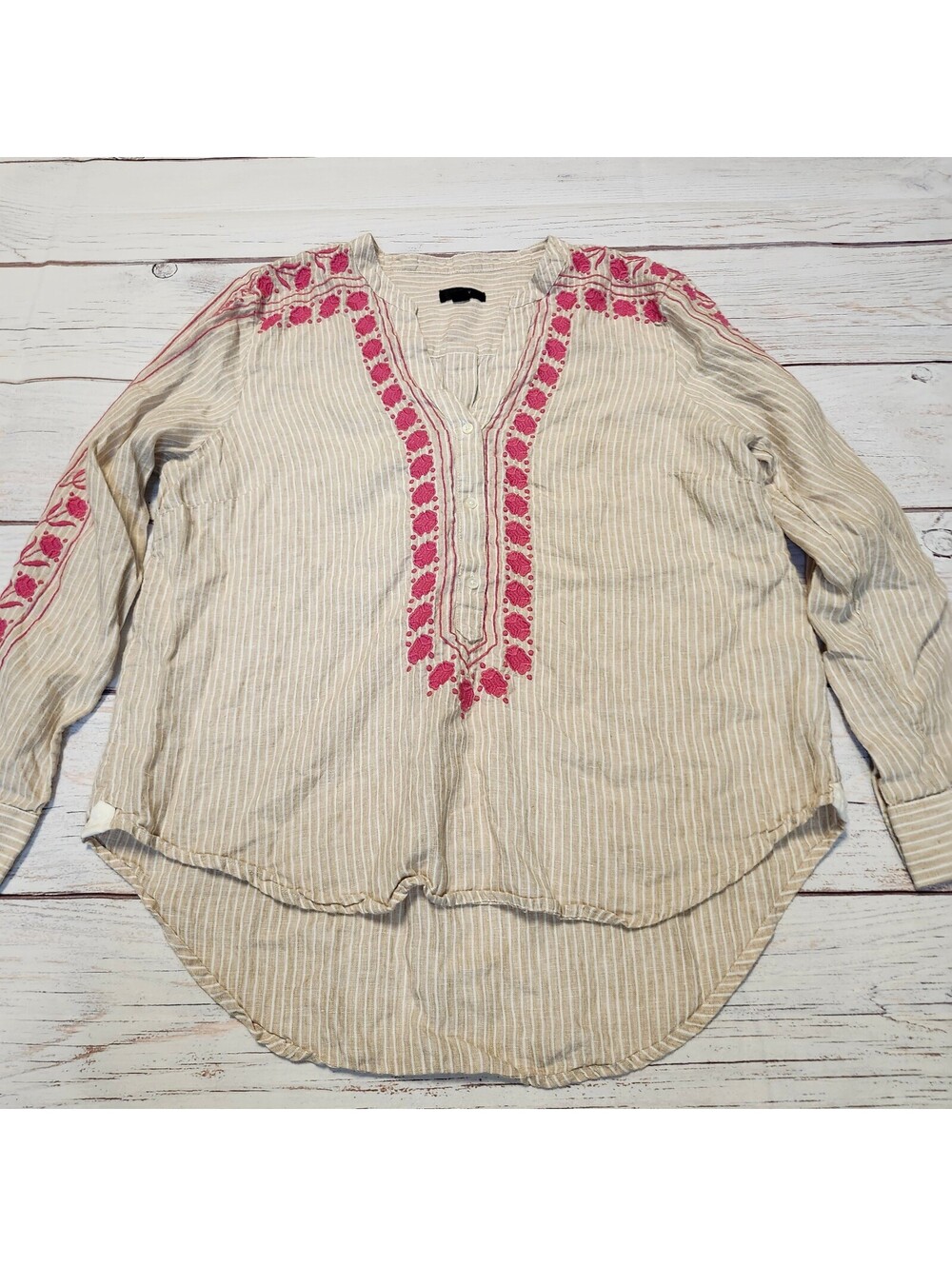 J.Crew Women's Beige 100% Linen Embroidered Long Sleeve Blouse Size L